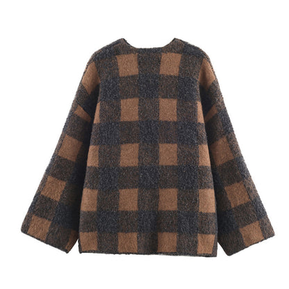 Autumn Women's Plaid Knitted Coat