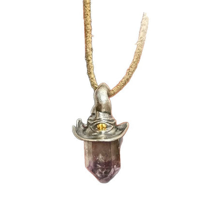 Retro Natural Amethyst Hexagonal Witch Hat Pendant Necklace