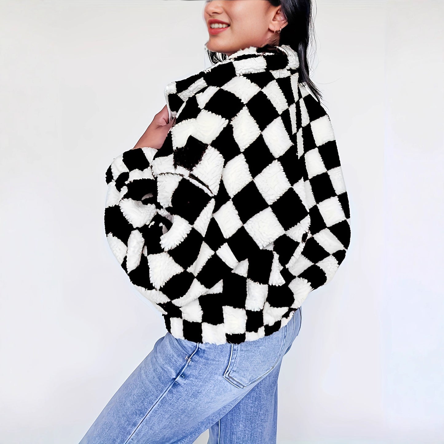 Women's Plush Long Sleeve Plaid Zipper With Pockets Baggy Coat