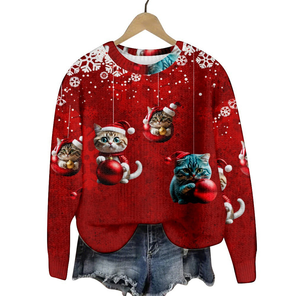 Christmas Cat Hat Snowflake Print Women's Round Neck Sweatshirt