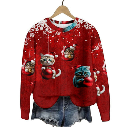 Christmas Cat Hat Snowflake Print Women's Round Neck Sweatshirt