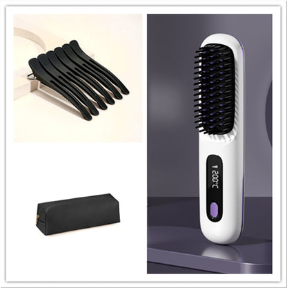 2 In 1 Straight Hair Comb Wireless Hair Straightener Brush Hair Fast Heating Portable Hot Curler USB Charging - SD & CO.