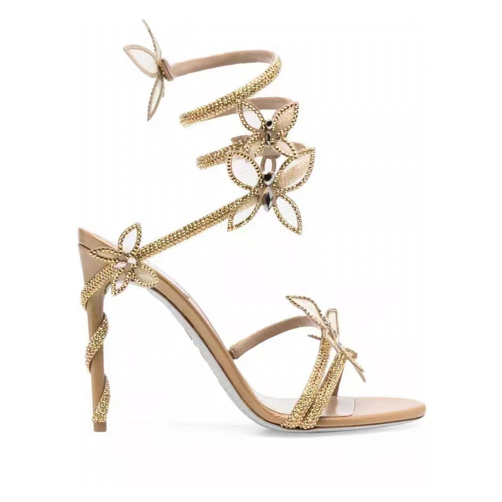 Snake Butterfly Rhinestone Flower Stiletto Heel Roman Sandals