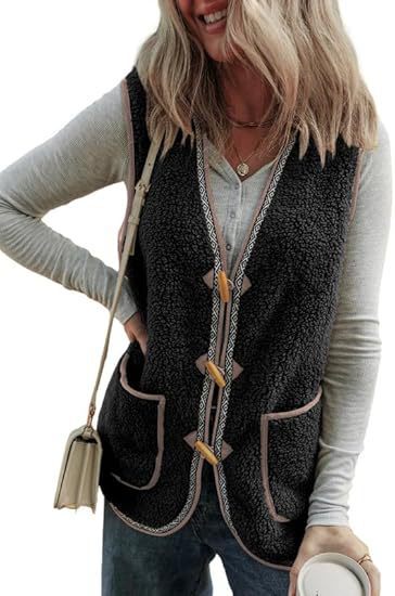 Women's Casual Contrast Color Sleeveless Cardigan Outerwear Plush Vest