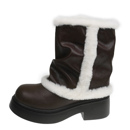 Women's Winter Faux Fur Lined Short Boots, Fashion Thick Bottom Ankle Booties With Warm Plush Trim For Casual Daily Wear