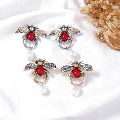 Personality Temperament Alloy Insect Bee Water Drop Imitation Pearl Earrings