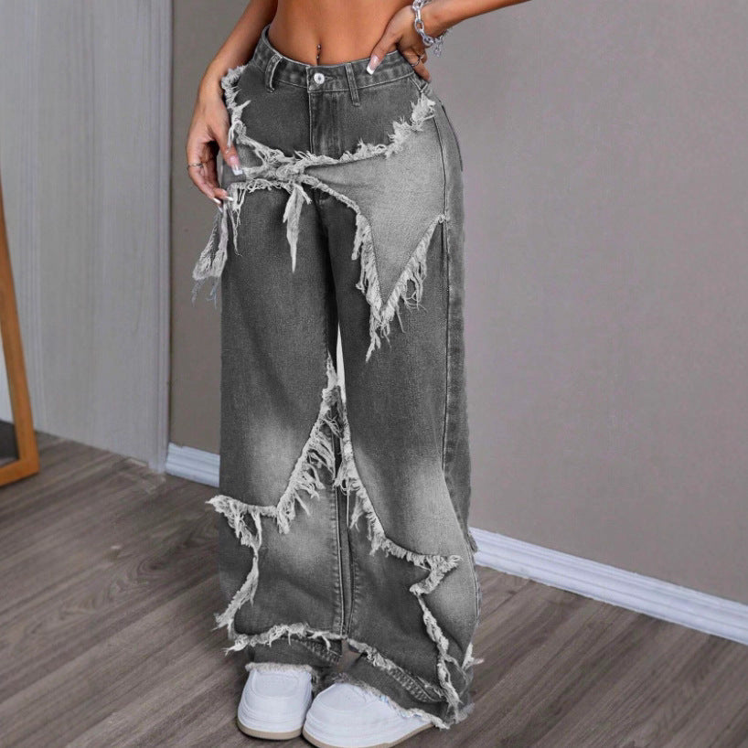 Retro Star Patchwork Heavy Wash Women's Jeans