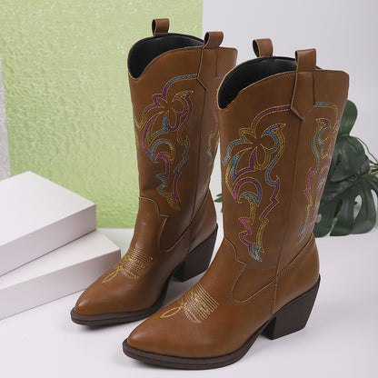 Embroidered Knight Boots Women Pointed Toe Chunky Heel Cowboy Boot