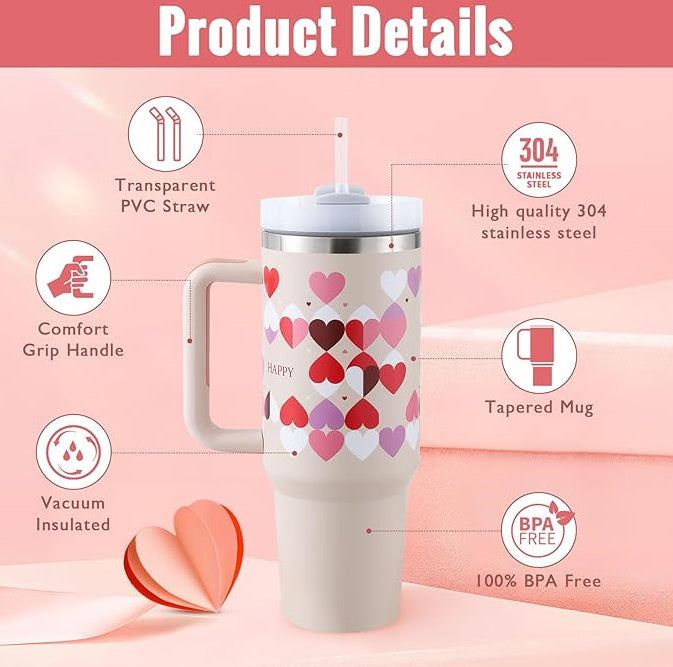 40 Oz Tumbler With Handle Straw Insulated, Stainless Steel Spill Proof Vacuum Coffee Cup Tumbler With Lid Tapered Mug Gifts For Valentine Lover Suitable For Car Gym Office Travel - SD & CO.