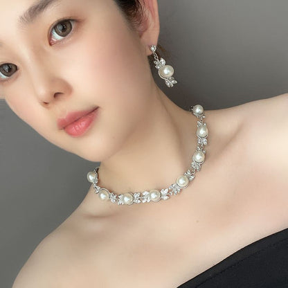 Simple And Elegant Three-piece Set Rhinestone And Pearl Necklace Earrings And Bracelet