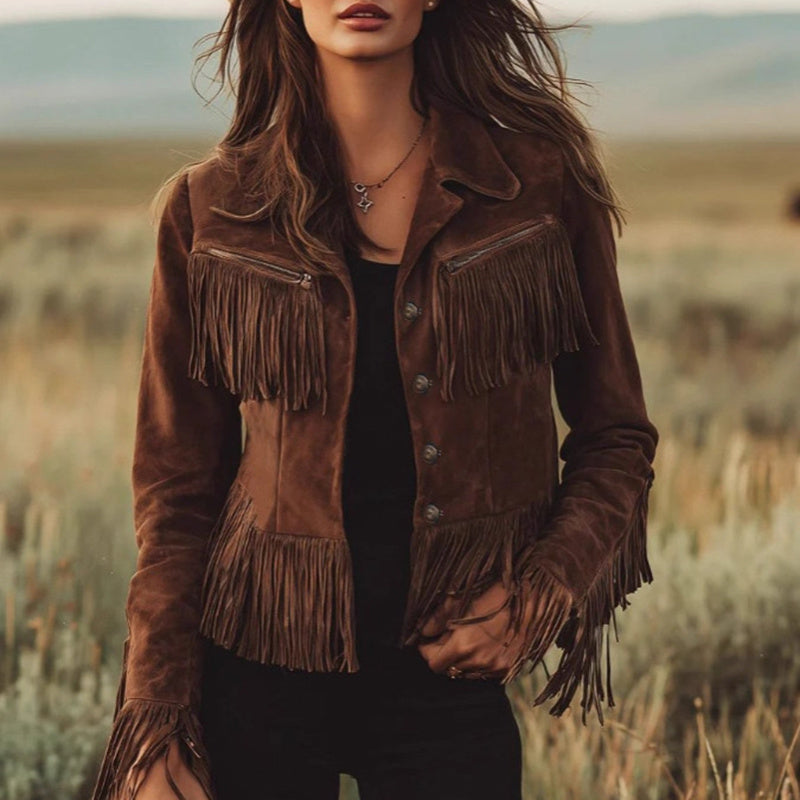 Women's Solid Color Fringe Suede-Look Jacket, Western Style Long Sleeve Button Front Coat For Fall & Winter - SD & CO.