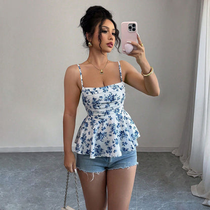 Women's Fashion Sexy Camisole Temperament Slim Design Floral Sleeveless Top