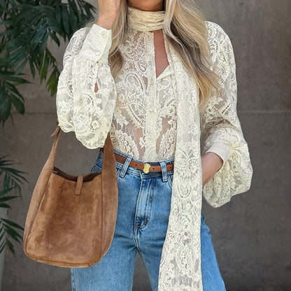 French Ribbon Sheer Lace Long-sleeve Blouse For Women