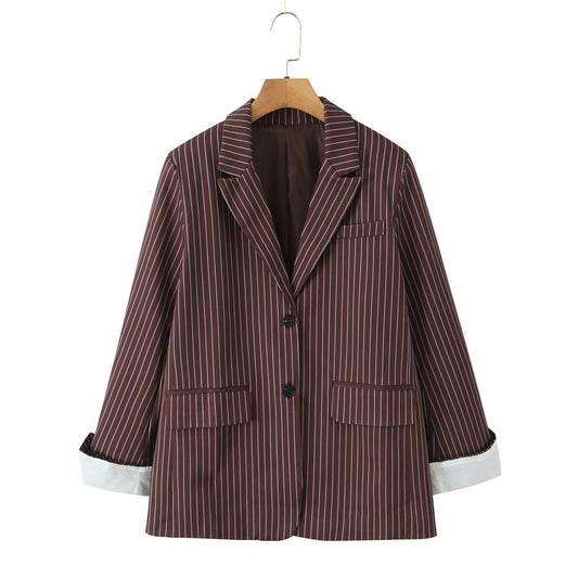 Versatile Elegant Brown Striped Loose Suit Jacket