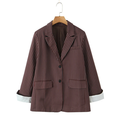Versatile Elegant Brown Striped Loose Suit Jacket