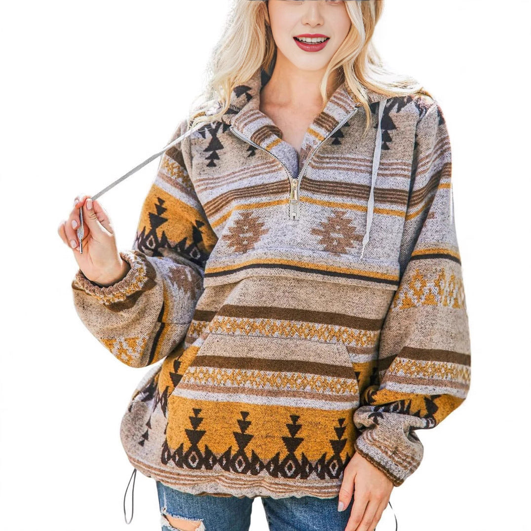 Women's Retro Fashion Half-Zip Long Sleeve Sweatshirt