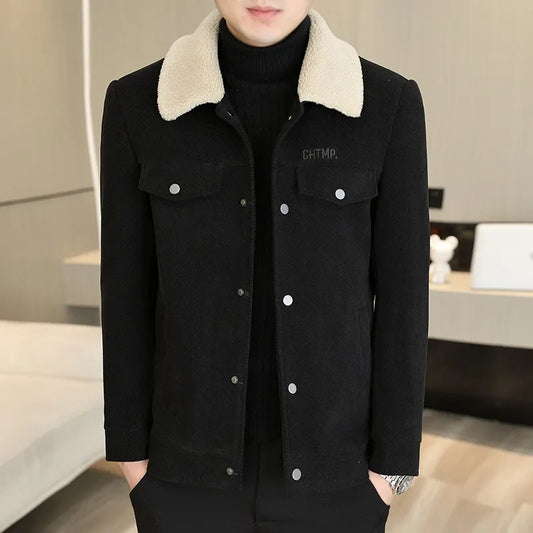 Men's Lapel Pure Color Ribbon Fur Collar Fleece Warm Jacket