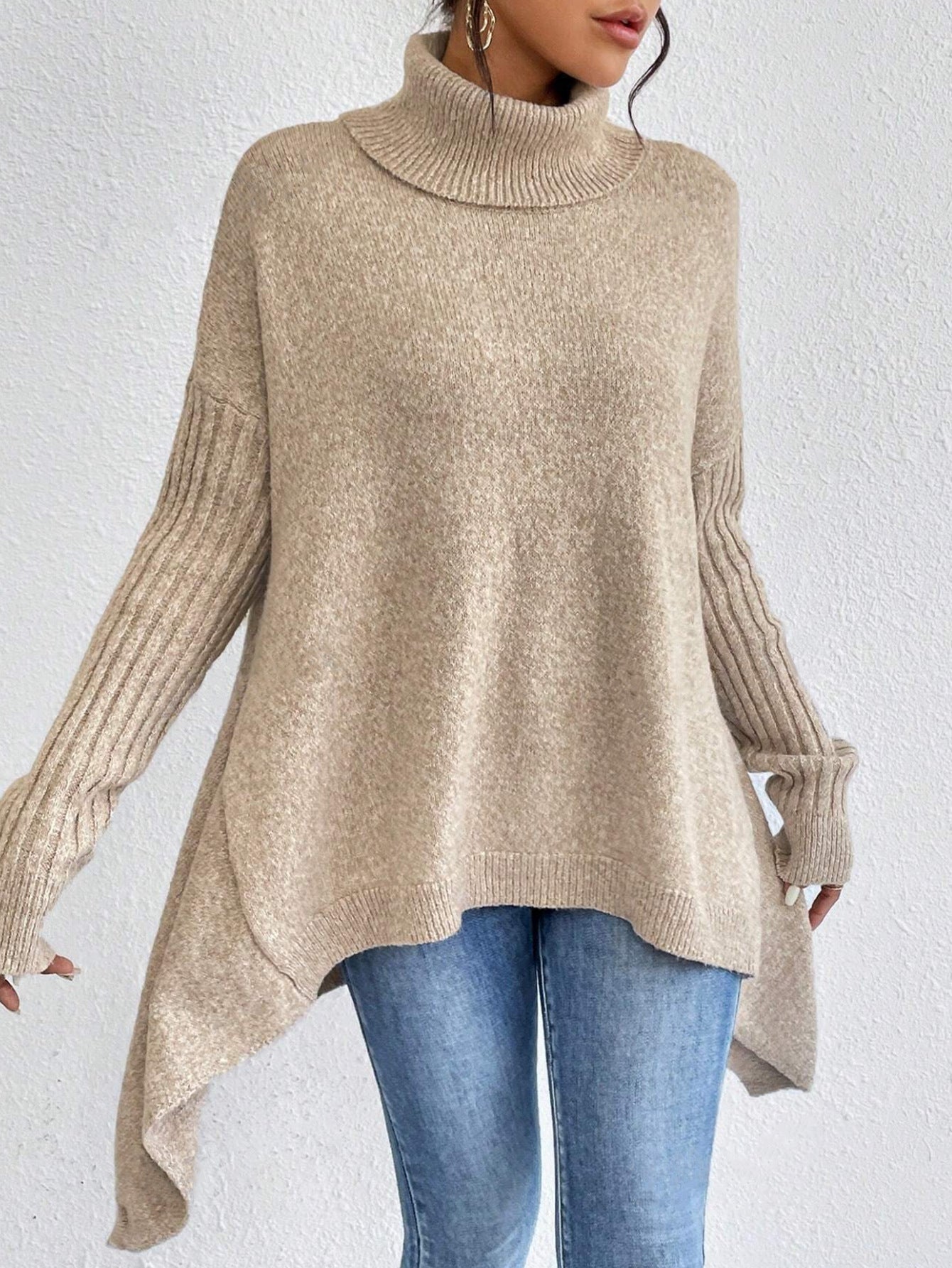Irregular Turtleneck Sweater Winter Loose Long Sleeve Knitted Tops Leisure Warm Pullover Sweater Women's Clothing - SD & CO.