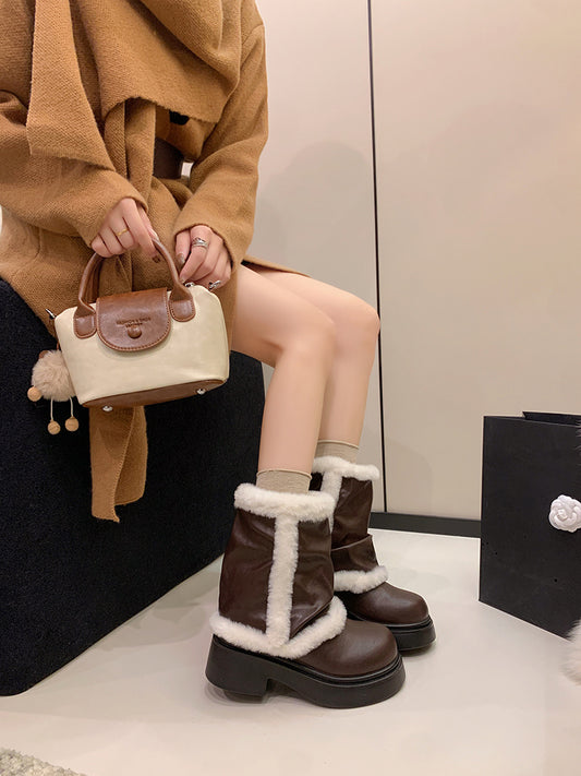 Women's Winter Faux Fur Lined Short Boots, Fashion Thick Bottom Ankle Booties With Warm Plush Trim For Casual Daily Wear