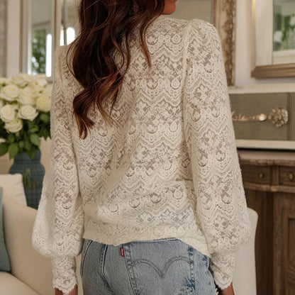 Women's Solid Color Lace Trim Blouse, V-Neck Button-Down Shirt With Elegant Detail For Professional Wear