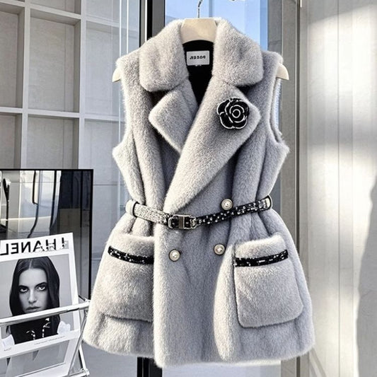 French Style High-grade Bandage Dress Waist-tight Gray Vest